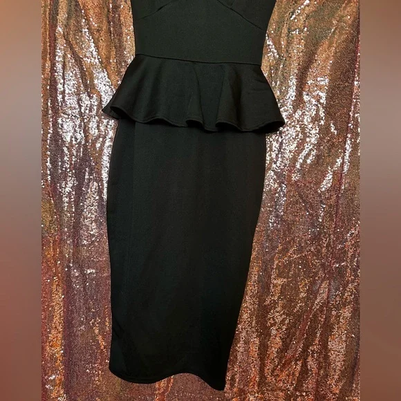 Boohoo Cap Sleeve Peplum Midi Black Dress - Picture 8 of 13